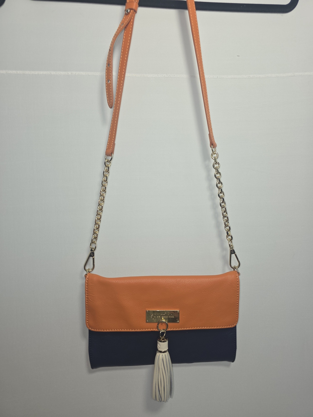 Orange and Navy Two-Tone Crossbody Bag with Tassel